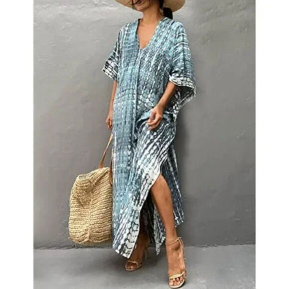 New Women Print Beach Kaftan Bathing Suit Cover Ups, blue Grey - Picture 3 of 6